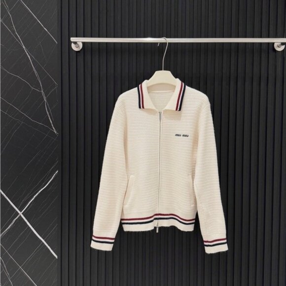 Miu Miu Ivory Zip-Up Sweater with Stripes